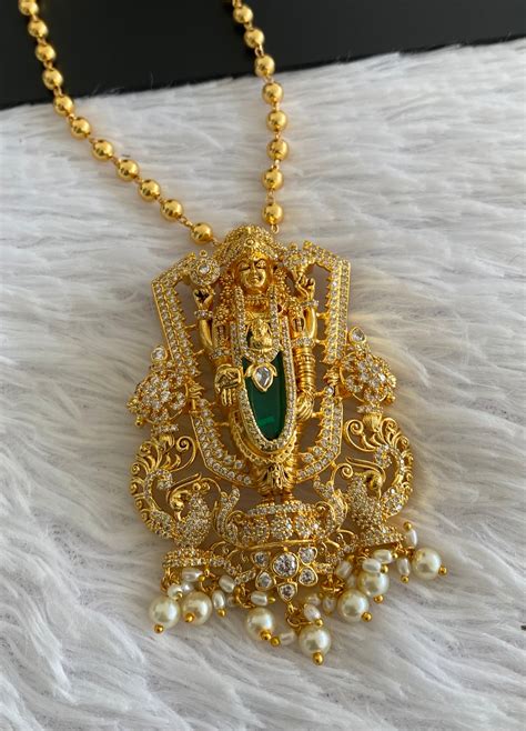 Gold tone 24 inches chain with green Shri Thirumal pearl pendant dj-53 ...