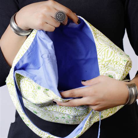 Green Kantha Work Block Print Cotton Shoulder Bag