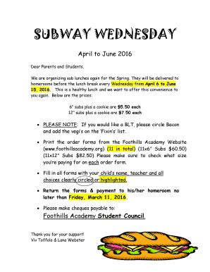 Fillable Online foothillsacademy SUBWAY Order Form April to June 2016 ...