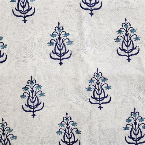Pure Cotton Jaipuri White With Blue Big Flower Motifs Hand Block Print ...