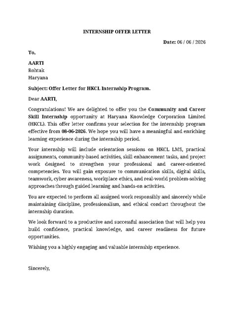 HKCL Internship Offer Letter for Aarti - Studocu