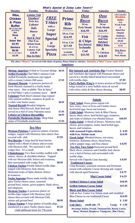 Zukey Lake Tavern Menu