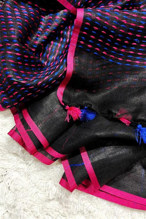 Buy Kantha Style Handwoven Pure Linen Saree Online | Linen World