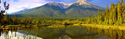 Download wallpaper mountains, lake, reflection, Canada, panorama ...