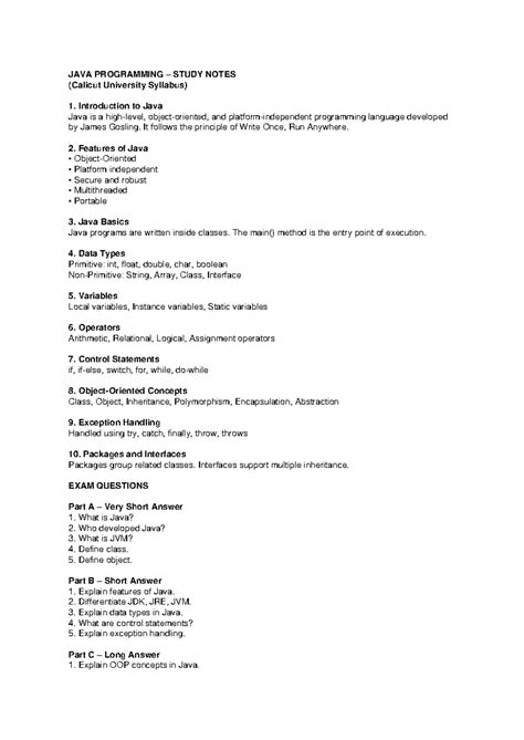 Java Programming Study Notes & Exam Questions (Calicut Univ) - Studocu
