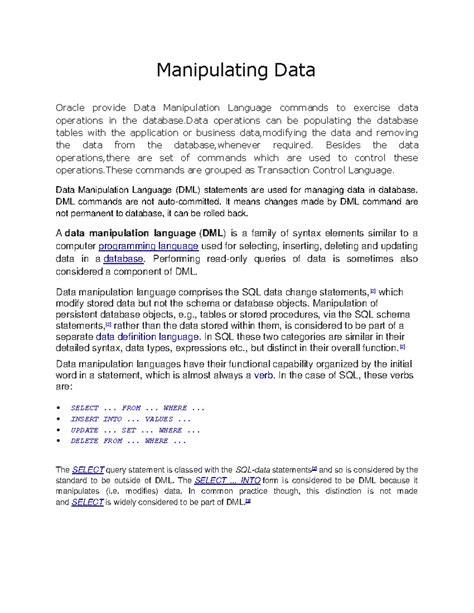 Data manipulation - Database management - Manipulating Data Oracle ...