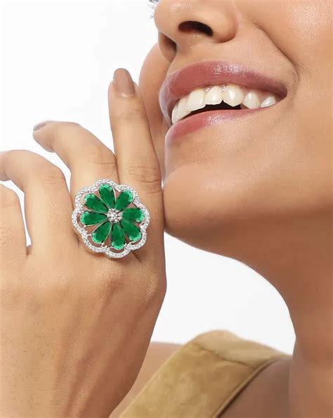 Trink Rhodium Plated Green Floral Shaped Ring Price in India