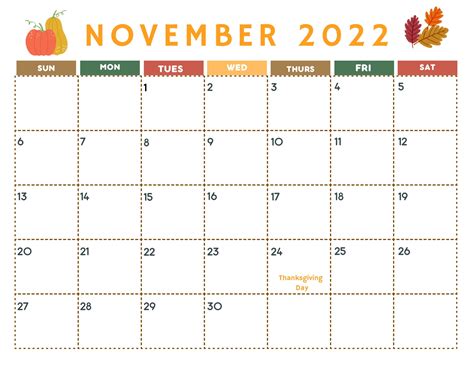 November 2022 Calendar Thanksgiving