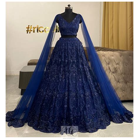 Navy blue shoulder capes Lehenga with heavy blue beading – Ricco India
