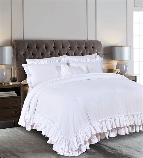 LadyAnn White Ruffled Comforter Set Queen,Lightweight Farmhouse Shabby ...