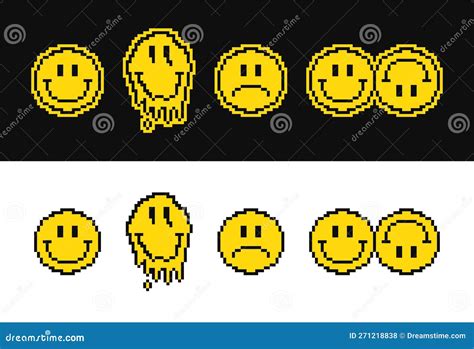 Pixel Emoji Smile Set. Various Pixel Art Smile That Melts And Dripping, Happy And Sad. Vector ...
