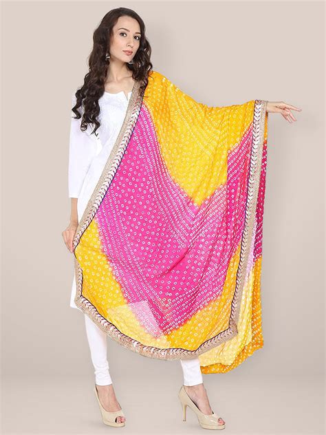 Pink & Yellow Bandhini Silk Dupatta Dupatta Bazaar