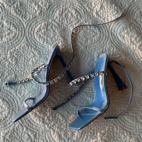 Blue satin sandals with diamonds lace, never used - Depop