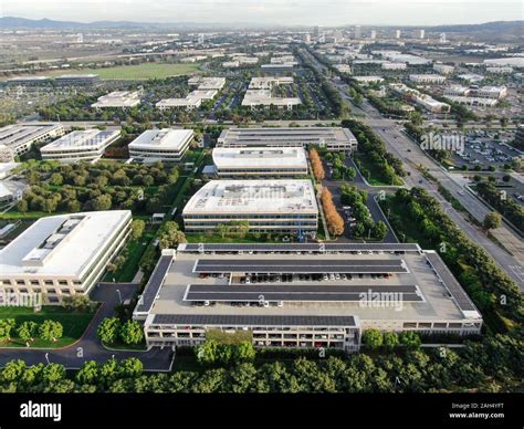 Aerial view of business and finance district with new office building ...