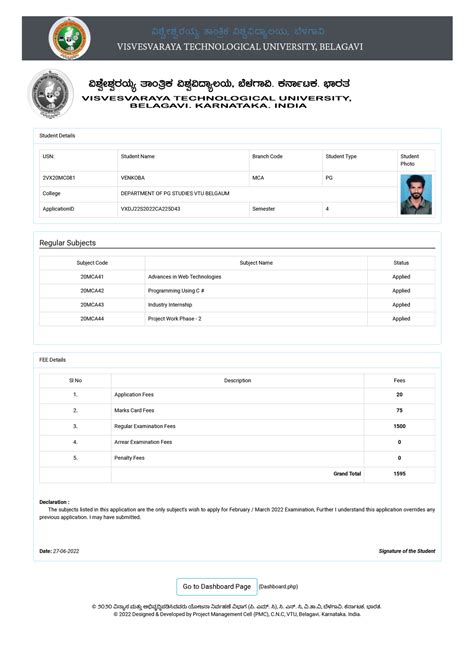 VTU Student Portal - It good - Student Details USN: Student Name Branch ...
