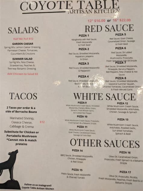 Menu at Coyote Table Artisan Kitchen & Bar, Lakewood