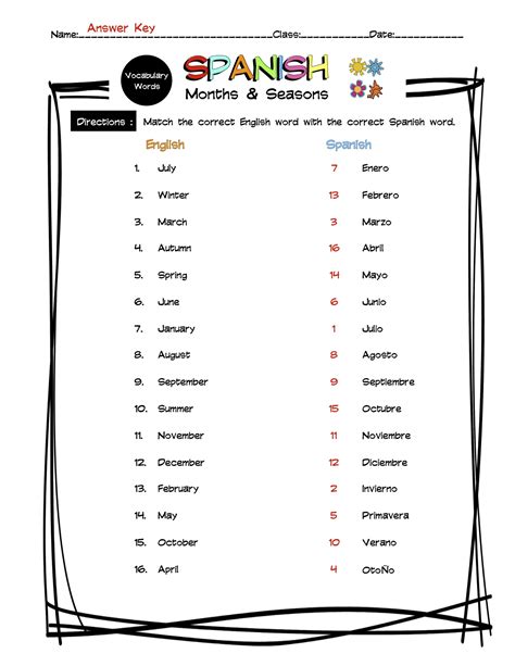 Spanish Months & Seasons Vocabulary Matching Worksheet & Answer Key ...