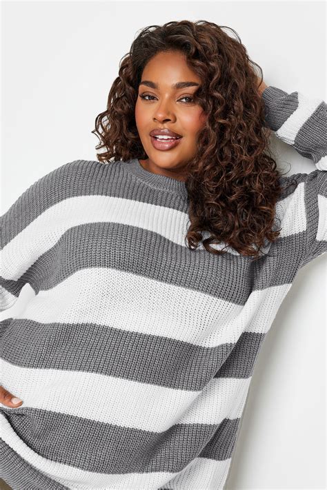 YOURS Plus Size Grey Stripe Ribbed Knit Jumper | Yours Clothing