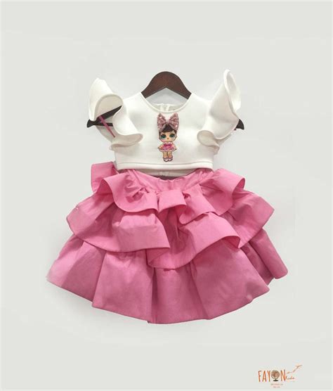 Off white Neoprene Pink Silk Doll Emblem Crop Top with Skirt for Girls ...