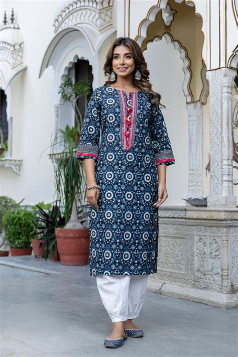 Blue Motif Printed Cotton Kurta – Inhabit Store