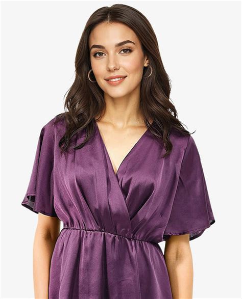 Rareism Women's Creola Dark Purple Polyester Overlap Neck Plain Mini F