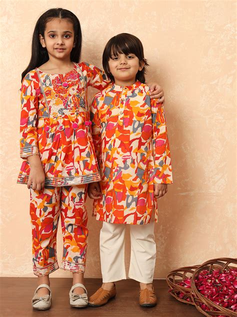 Girls Frock Style Cotton Fabric Orange Color Printed Kurti And Pyjama ...