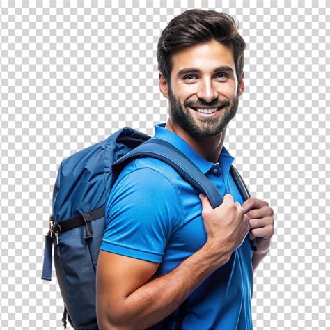 A portrait men with a blue backpack isolated on white background ...