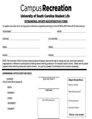 Fillable Online campusrec sc INTRAMURAL SPORTS REGISTRATION FORM Fax ...