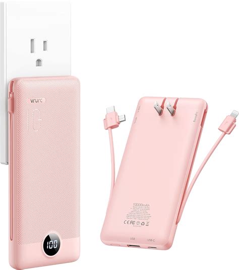 VRURC 10000mAh Portable Charger with Built-in Cables and AC Wall Plug ...