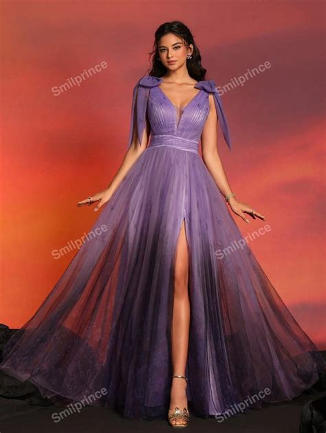 A-Line V-Neck Tulle Evening Dress With High Slit And Bow Sleeves Formal ...