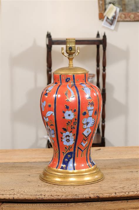 19th Century English Porcelain Vase in Orange & Blue, wired as a Lamp ...