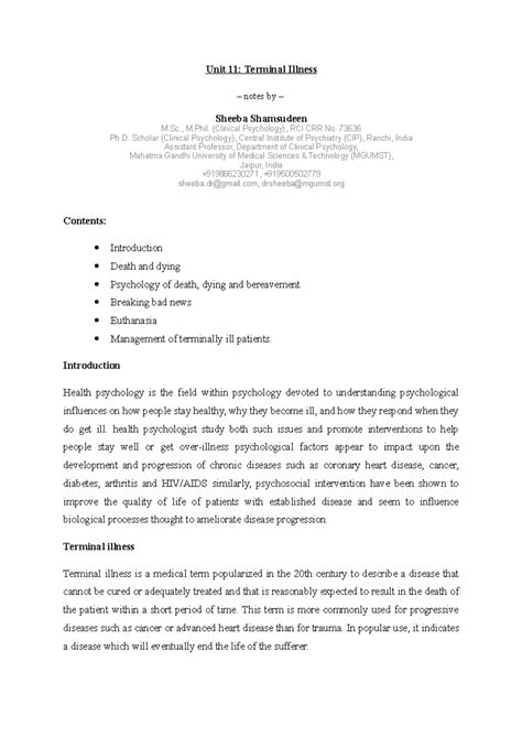 Terminal Illness Psychology Notes (M.Sc., Clinical Psychology) - Studocu