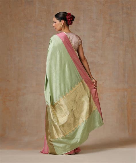 Pista Green Handloom Pure Satin Silk Banarasi Saree With Pink And Gold ...