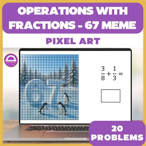 Winter Christmas Fraction Operations Pixel Art | 67 Meme Math Activity
