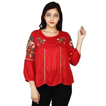 HOT THREADS Women's Embroidery Work Rayon Top (RGS02_M, Red, Medium ...