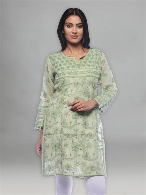 Seva Chikan Hand Embroidered Green Cotton Lucknowi Chikan Kurti-SCL029