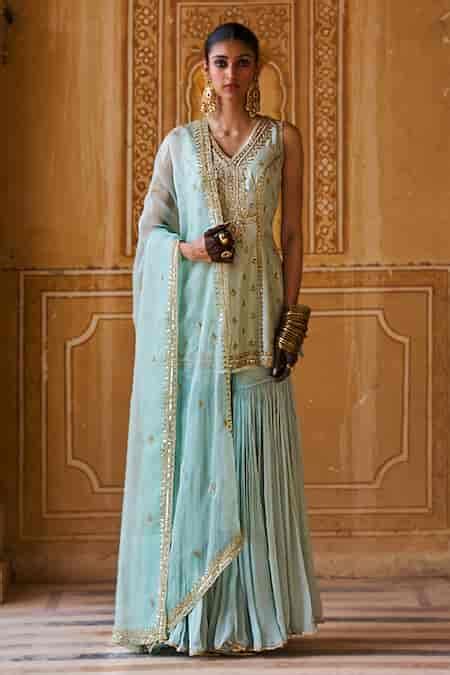 Buy Mint Dupion Embroidery, Zari V-neck Kurta Gharara And Dupatta Set ...