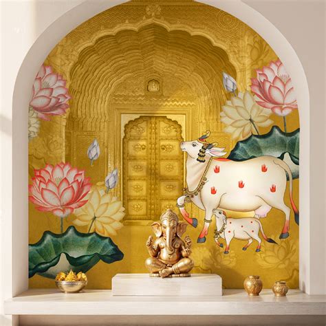 Yellow Pichwai Wallpaper for Lobby and Temple Walls | Life n Colors