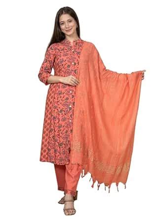 Asami Orange A-Line Kurta Pant Set With Dupatta For Women : Amazon.in ...