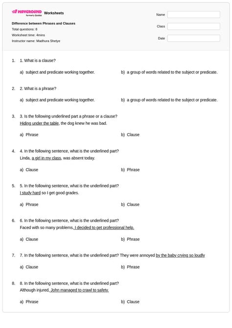 50+ Phrases and Clauses worksheets for Class 5 on Wayground | Free ...
