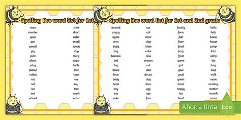 Spelling Bee - lista de palabras de 1ro y 2do de primaria