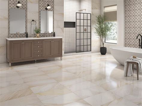 Sleek bathroom with marble tiles and brown cabinet