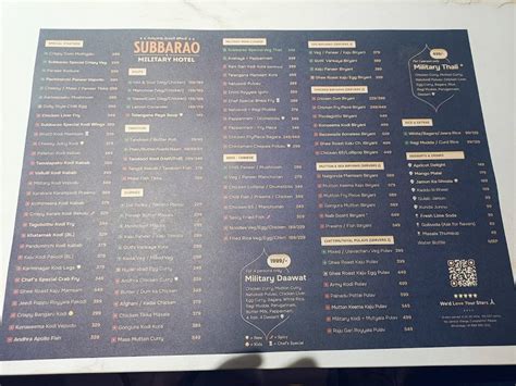 Menu at Subbarao Military Hotel, Hyderabad