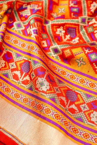 Orange Handwoven Pure Katan Silk Banarasi Patola Saree – Khinkhwab