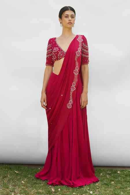 Buy Pink Silk, Viscose, Chiffon Embroidery Plunge Neck Pleated Pre ...