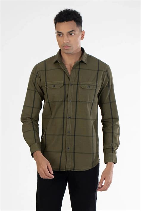 Buy Olive Double Pocket Broad Cotton Men's Checked Shirt