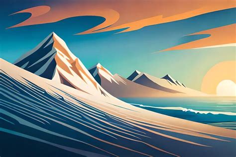 A cartoon illustration of mountains and the ocean. | Premium AI ...