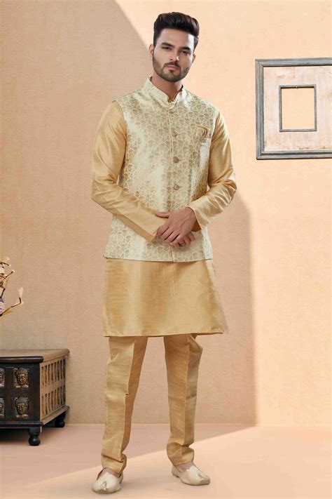 Buy Gold Kurta PajamaWith Jacket In Silk Dupion NCKP10410747 ...