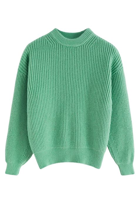 Solid Color Rib Knit Sweater in Green - Retro, Indie and Unique Fashion