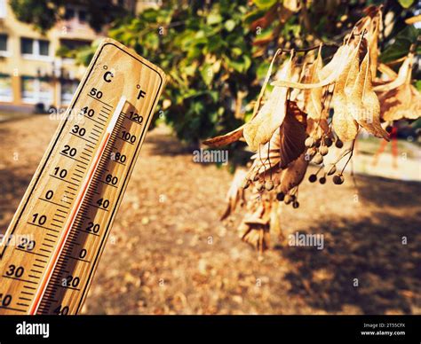 Wooden thermometer showing high temperatures over 36 degrees Celsius in ...